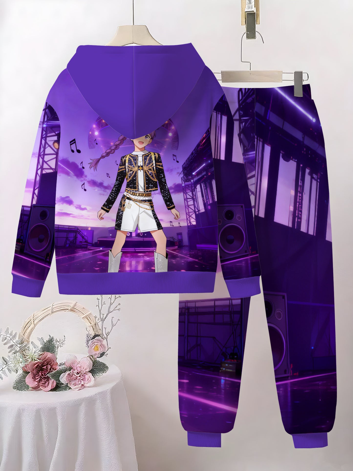 Girls' Dazzling Purple Stage Style Hoodie Set, Dazzling Purple Full Printed Double Braid Girls' Music Stage Pattern Eye Catching, Light Beige Friendly and Comfortable, Hooded Warmth, Fashionable and Worry Free, Helping Girls