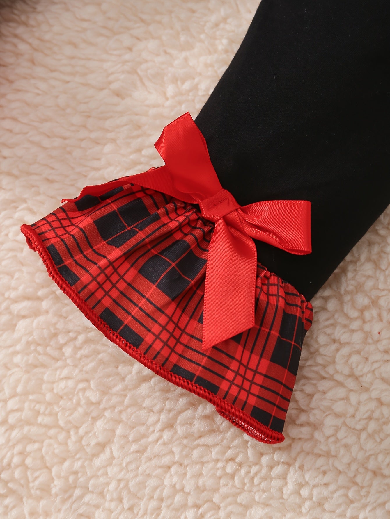 2pcs Baby 's Christmas Outfit Set - Red & Black Plaid Ruffled Sleeve Dress with Flared Bell-Bottoms & Bow Trim, Santa Claus Letter Embellished Top & Elastic Waist Pants for / (Machine Washable Holiday Party Costume), Perfect