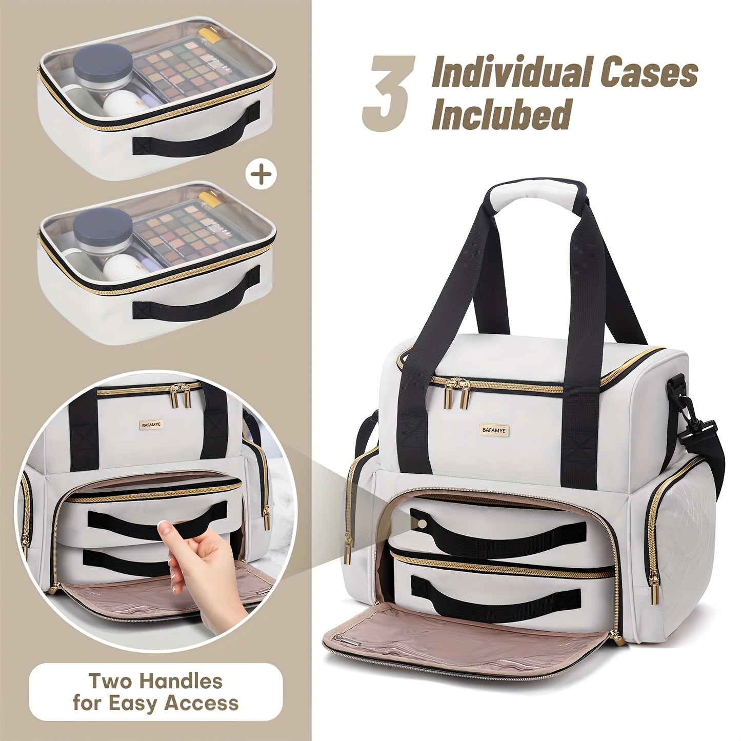 Large High Quality Travel Makeup Organizer Bag for Women - 2 Removable Cosmetic Cases, Double Layer Toiletry Bag with Multiple Compartments, Durable Polyester, Black with Golden Accents, Sleek Stylish Design | Easyaccess Hand