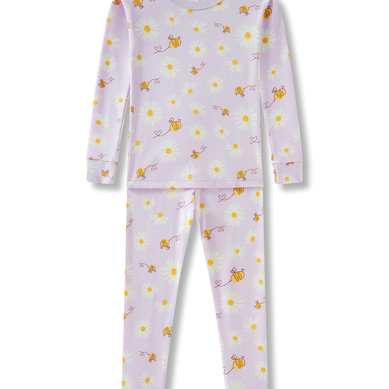 Kids Girls' Sunflower Print Pajama Set, Long Sleeve Crew Neck Blend (92%, 8% Elastane), Skinny Fit Knit Fabric, Comfortable Home Wear for Spring/Summer/Fall, Ages 2-8