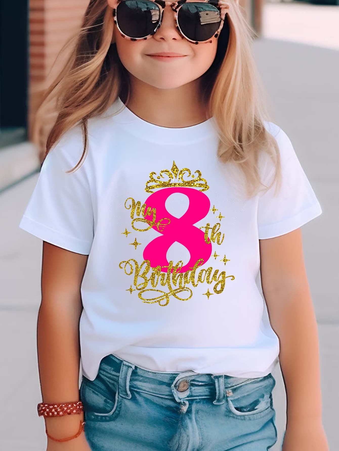 Girls' 8th Birthday T-Shirt with Golden Crown & Number 8 Print - Cute Round Neck Short Sleeve Top, Comfortable Knit Fabric, Loose Fit for Spring Summer Casual Wear, Birthday Party Outfit for 8 Year Old Girls (Age 8) - Ideal B