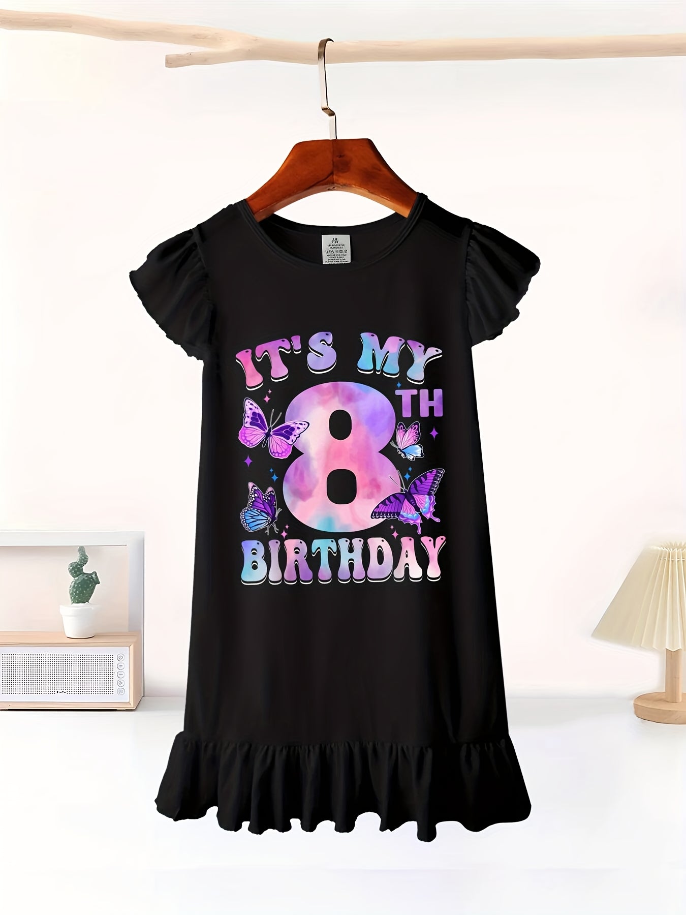 It's My 8th Birthday Butterfly Theme 8 Year Old Party Girl Dress with Flutter Sleeves - Sleeveless Dress for Girl Kid