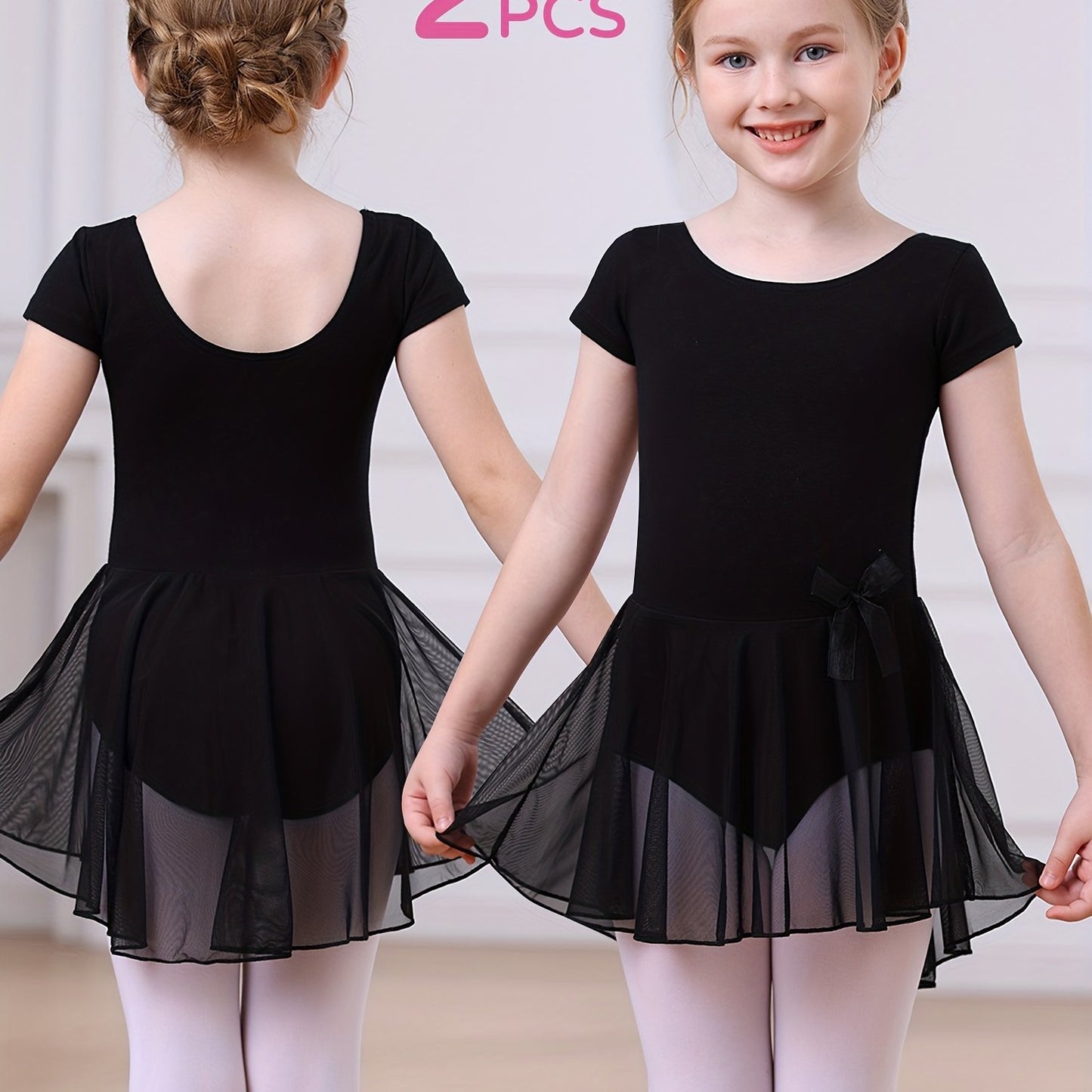 2pcs Girls Ballet Tutu Dress Set - Classic Style, Stretchy Leotard with Detachable Tulle Skirt, Ruffled Bow Trim - Perfect Christmas Gift, Perfect for Outdoor