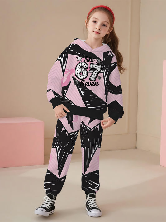 Pink and Black Graffiti Style 67 Set 2pcs Set for Girls 3D Printed Hoodie and Long Pants, Fashionable Trendy Casual Children's Clothing, Suitable for Girls Going Out, Perfect Gift for Girls, Perfect for Outdoor