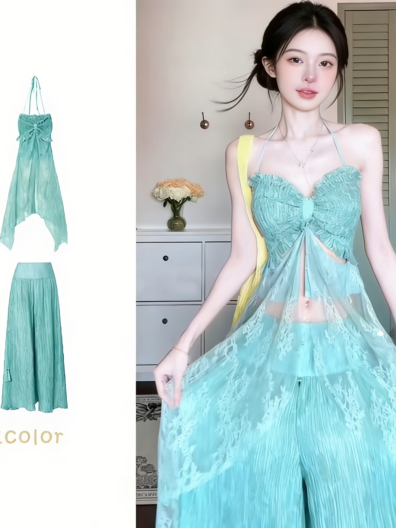 Cool-toned Halter Neck Camisole Dress | Mint Green Lace Sheer Waist-Cinching Maxi Dress, Soft Vibe Atmosphere Outfit, Asymmetrical Long Two-Piece Set, Ideal for Spring/Summer Vacation