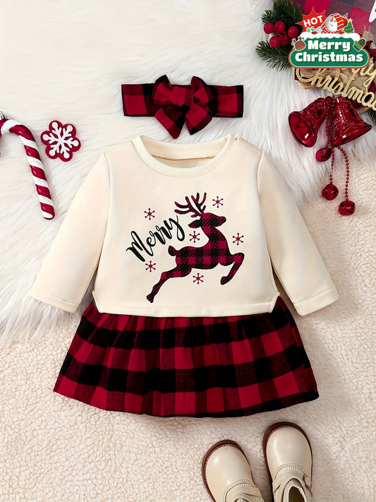 Baby Girl Christmas Dress With Reindeer And Plaid Skirt