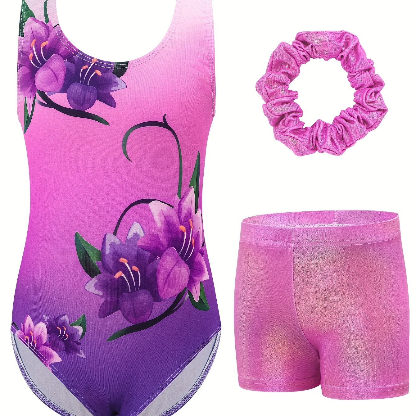 Girls' Gymnastics Bodysuit Set, Shiny Ballet Dance Outfit with Three Pieces Including Sparkling Shorts And a Headpiece.