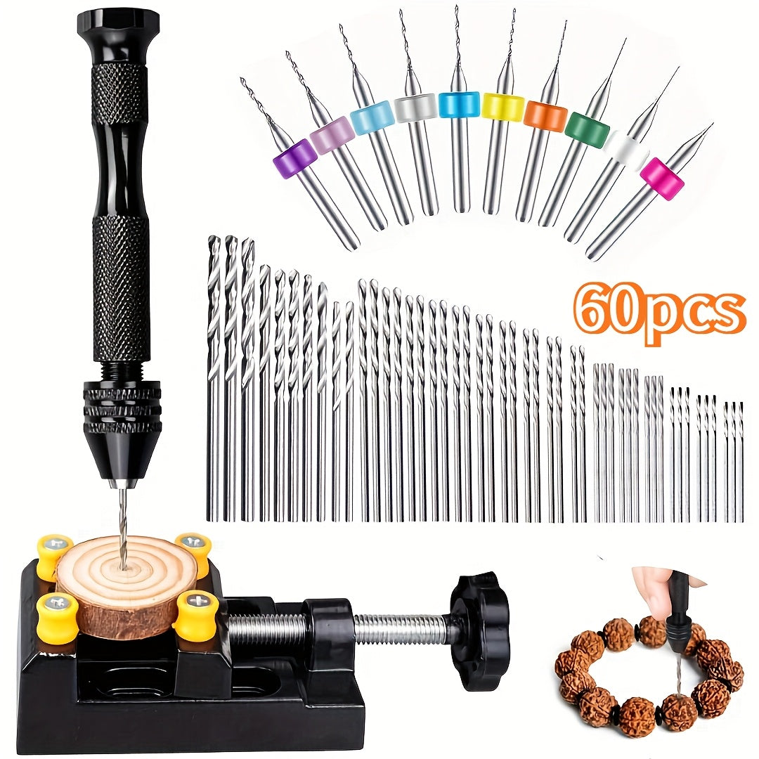 60Pcs Alloy Needle Vise Hand Drill Set With Mini Twist Drill Bits For Jewelry Crafts Woodworking