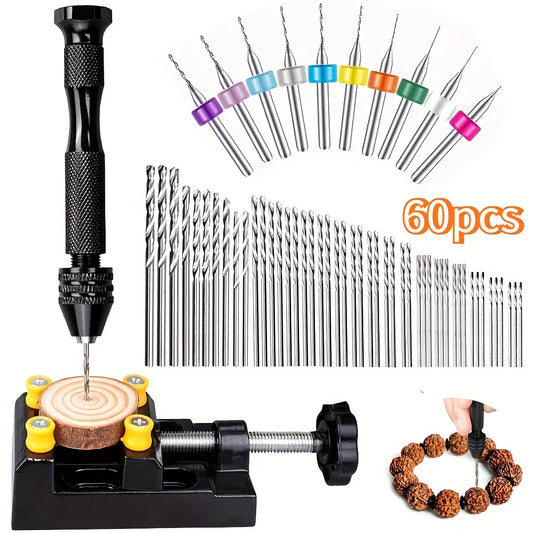 60pcs Needle Vise Hand Drill Set, Crystal Glue Accessories Pendant Hole Drill Kit With Mini Twist Drill Bits - Alloy Hand Drills For Jewelry, Crafts, Woodworking, Plastic, Shells, Resin And Model Making