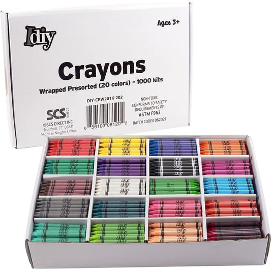 IDIY Wrapped Bulk Wax Crayons (Pre-sorted 1000 ct, 50 each of 20 colors) - ASTM Safety Tested, For Kids, Teachers, Art Classrooms, School, Gift