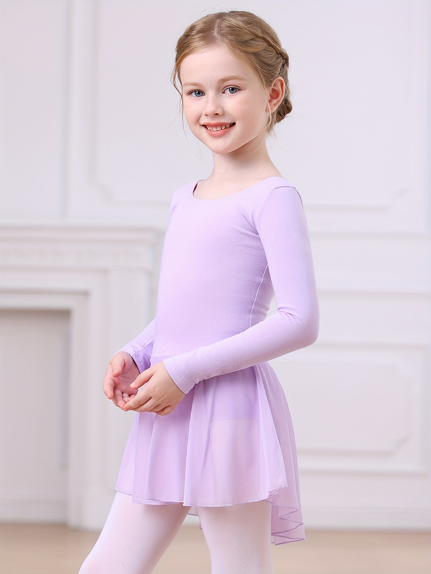 Christmas Gift Girls' Dance Dress - Long Sleeve Basic One-Piece Mesh Dress With High-Low Hem, Kids' Ballet Leotard Training Wear For Dance, Sports, Outdoor