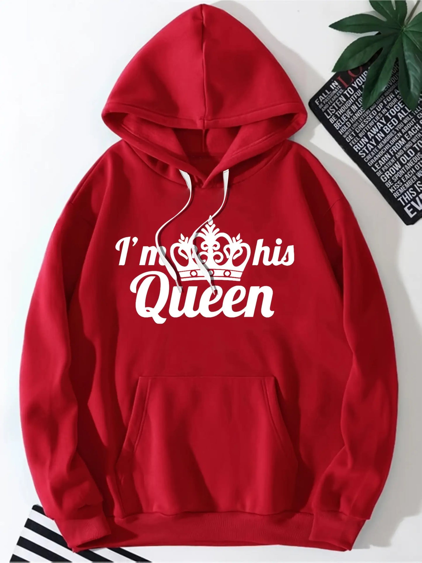 Men's Plus-Size "I'm Her King/His Queen" Couples Sweater - Double-Sided Printed Matching Outfits, Soft Blend Fabric, Loose-Fit Hooded Pullover for Travel & Casual Wear, Machine Washable (Red/White Text) - Valentine's Day Gift