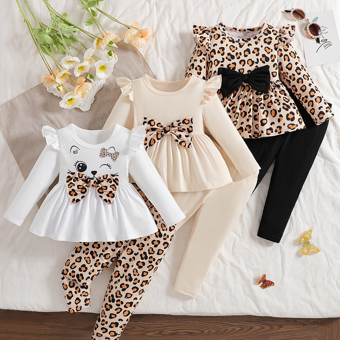 Baby Products, Newborn Baby Girl Clothing, Girl's Clothing, Baby Girl Autumn And Winter Flying Sleeves, Leopard Print Bow, Round Neck+same Series Long Single Pants 3pcs Combination Set, Children's Halloween , Halloween , Perf