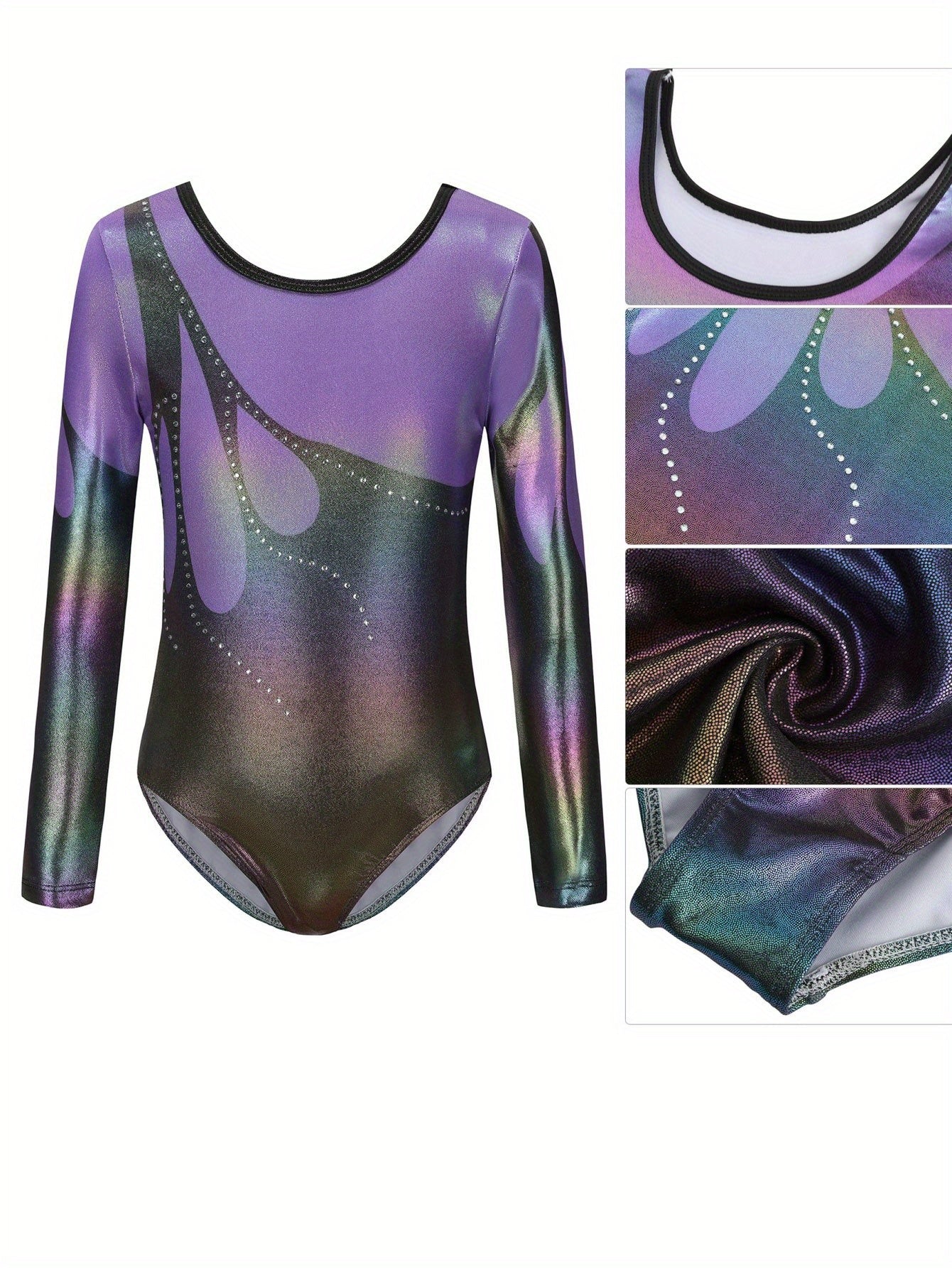 Girls' Long Sleeve Gymnastics Bodysuit - Gradient Purple to Blue Design, Breathable Stretchy Fabric, Slim Fit with Pockets for Sports, Parties & Casual Wear, All-Season Versatile Outfit, Party Attire, Sleek Sportswear, Ombre