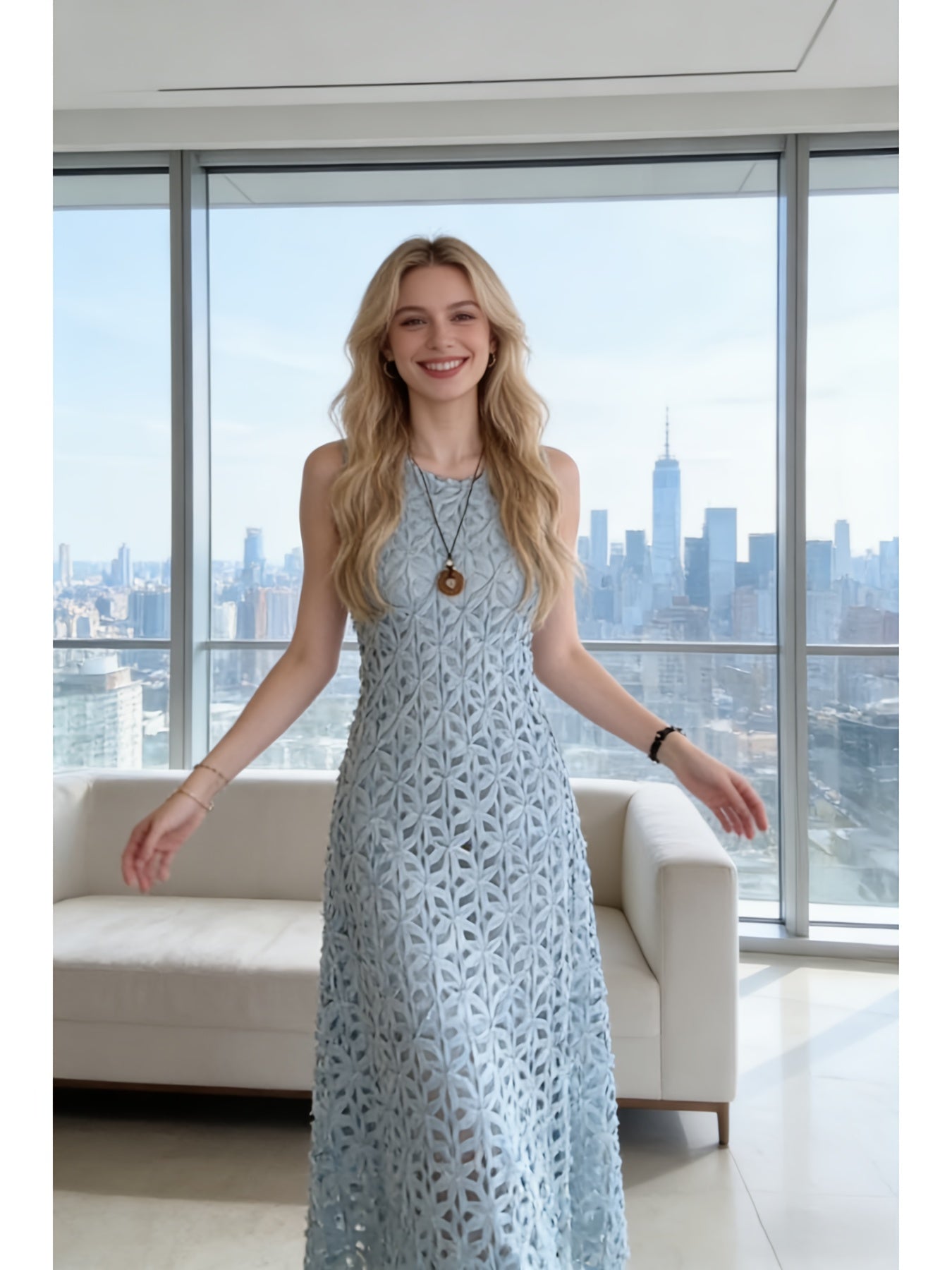 Mint Green Summer Heavy Industry Three-dimensional Floral Hollow-out Dress | Women'S French Gentle Style Temperament Sleeveless Long Dress, Crew Neck, Fit and Flare, Elegant Solid Color Pattern