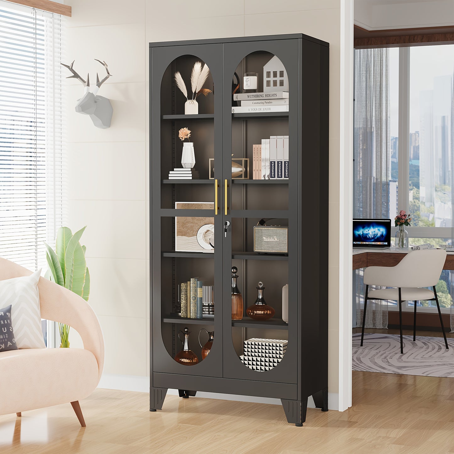 Metal Glass Display Cabinet With Adjustable Shelves For Exhibits