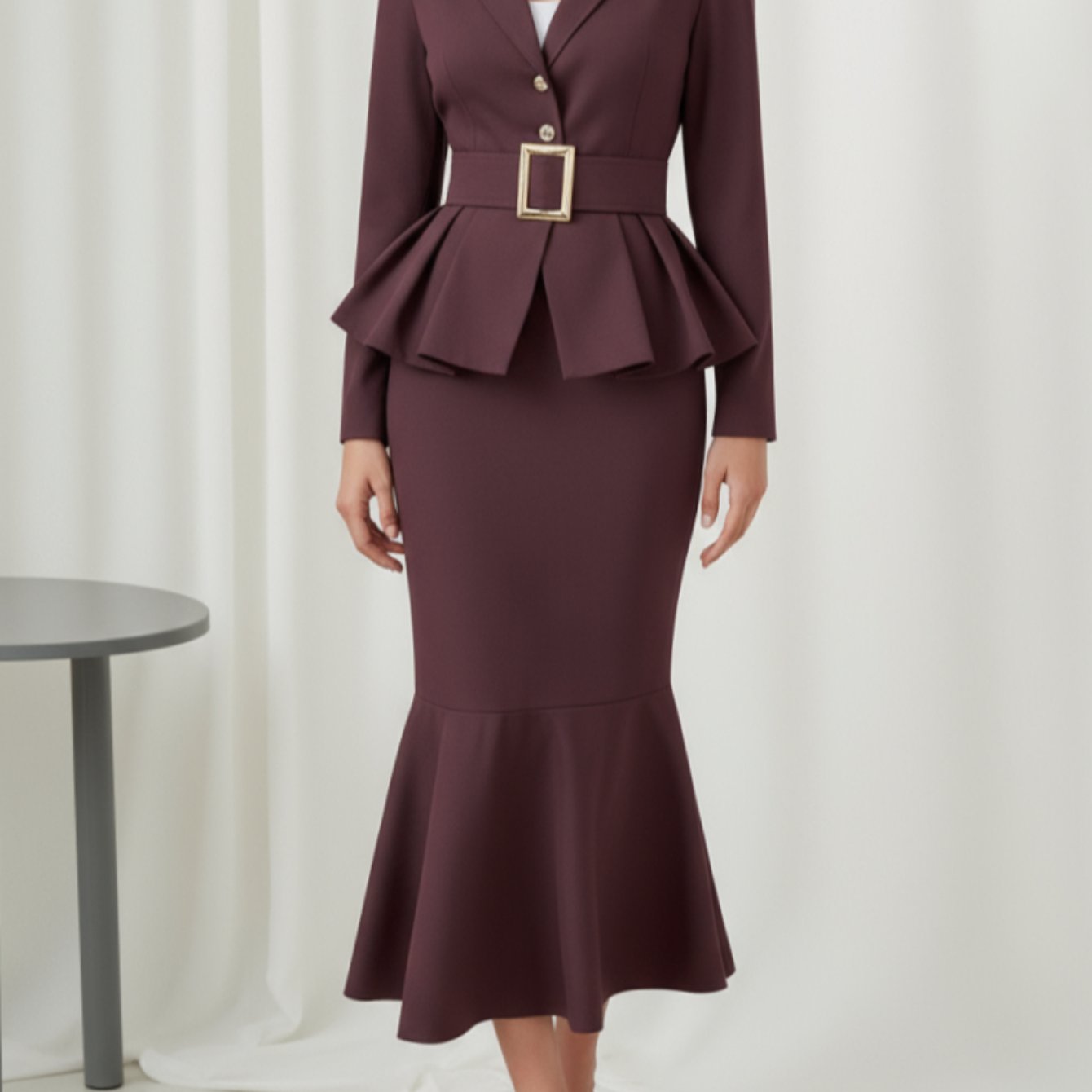 Women's Shawl Collar Ruffled Waist-Defined Midi Skirt Two-Piece Set | Suitable for Business Banquets, Formal Events, Creating an Elegant, Youthful and Sophisticated High-End Outfit