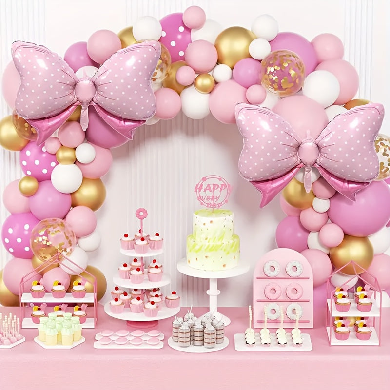 Pink Balloon Arch Set, Pink Bow, Metallic Golden Sequin Balloon, Polka Dot Balloon, 124pcs, for Proposal, Wedding Decoration, Baptism Shower Ceremony, Holiday Celebration, Birthday Party Decoration, Etc. Helloween Christmas