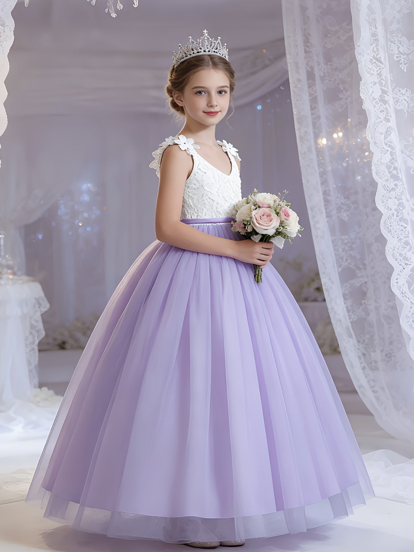 Girls Wedding Dress Strapless Mesh Princess Dress For Weddings Proms