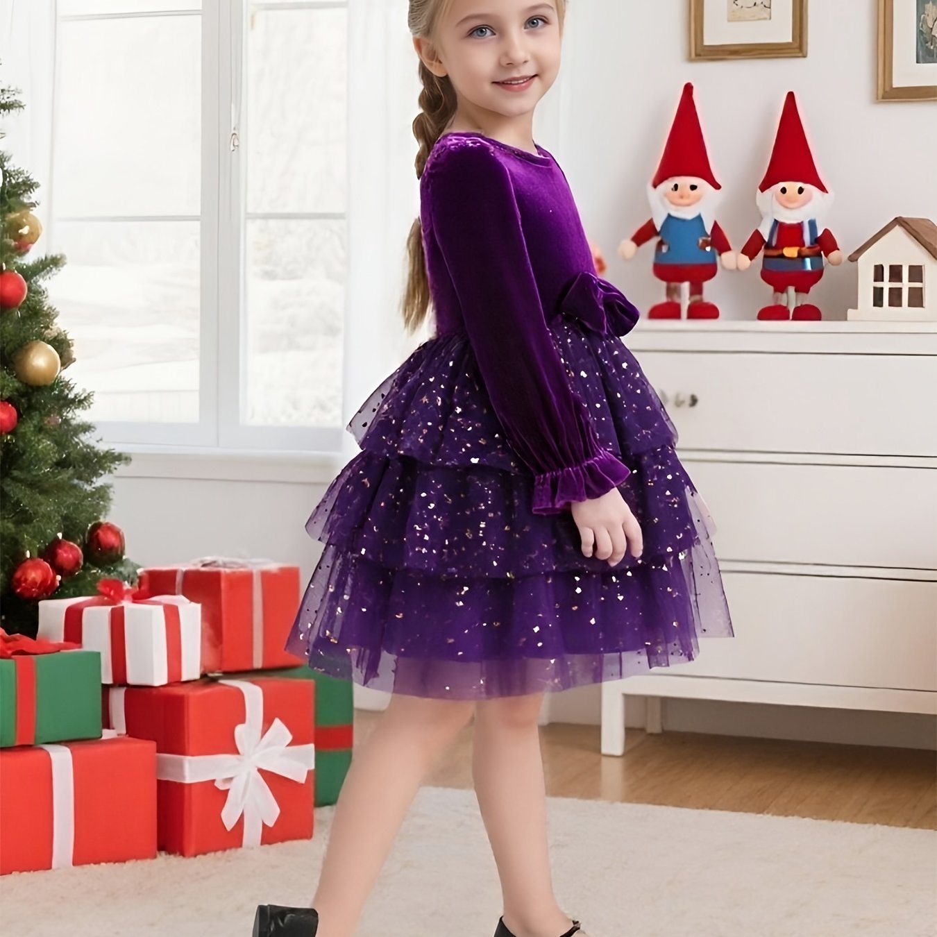 2-7Y Girls Sparkling Sequin & Tulle Tutu Princess Party Dress with Ruffled Sleeves & Layered Skirt - A-Line Knee-Length Winter Dress for Christmas, Birthday, Wedding, Halloween - Shimmering Holiday Outfit with Belt (No Paddin