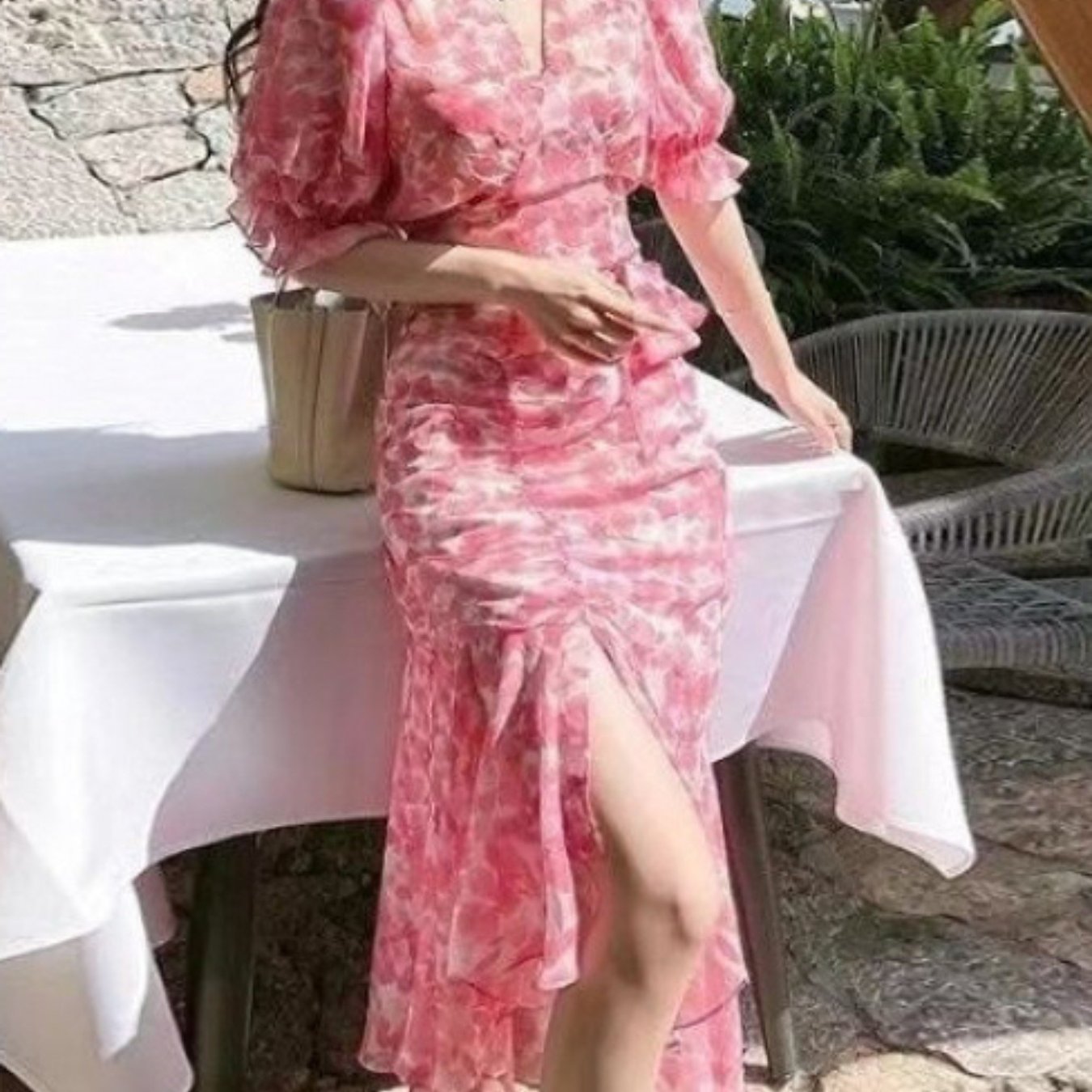 Women'S Floral Dress Irregular Hem Bodycon | Long Sleeve, V-neck, Ditsy Floral Pattern, Split Detail, Casual Summer Style by SCACTO