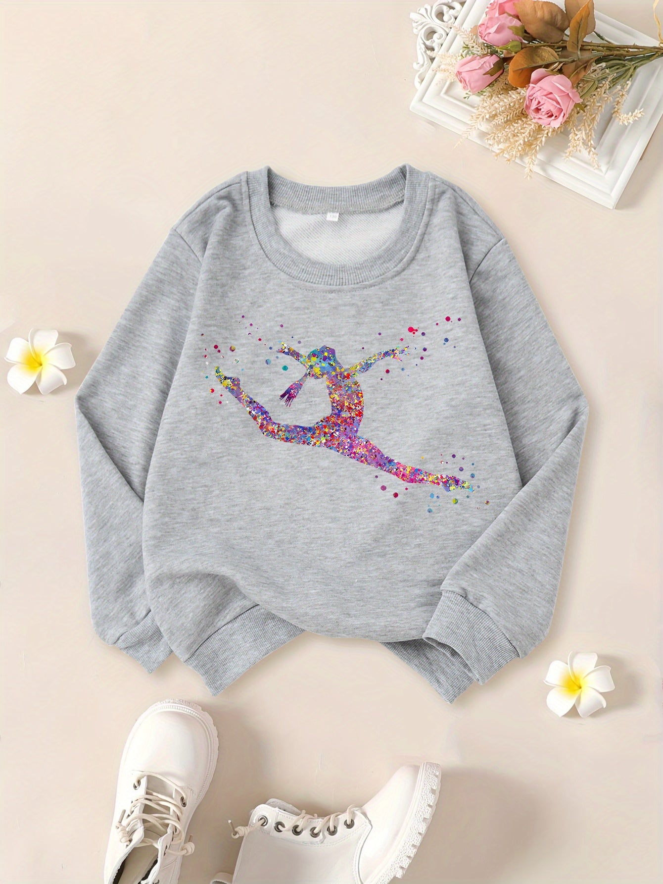 Girls' "Watercolor Gymnastics Girl" Graphic Print Sweatshirt - Black Long Sleeve Crew Neck Casual Top with Colorful Dancer Design, Perfect for Fall & Winter Wear, Gymnastics Apparel | Playful Graphic Sweatshirt | Comfortable