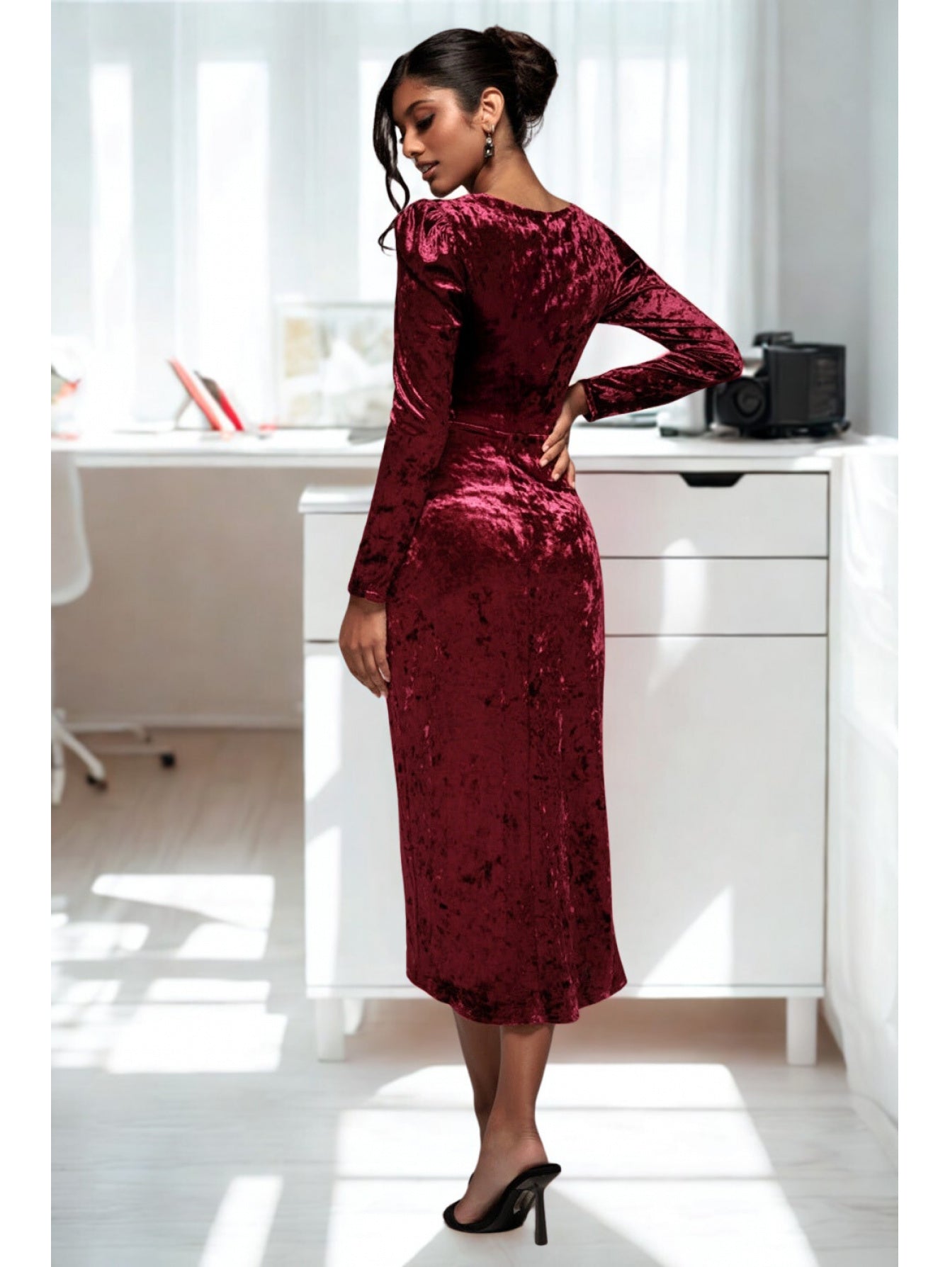 2025 Fall Winter Velvet Dress For Women With Crinkle Texture And Asymmetrical Hem