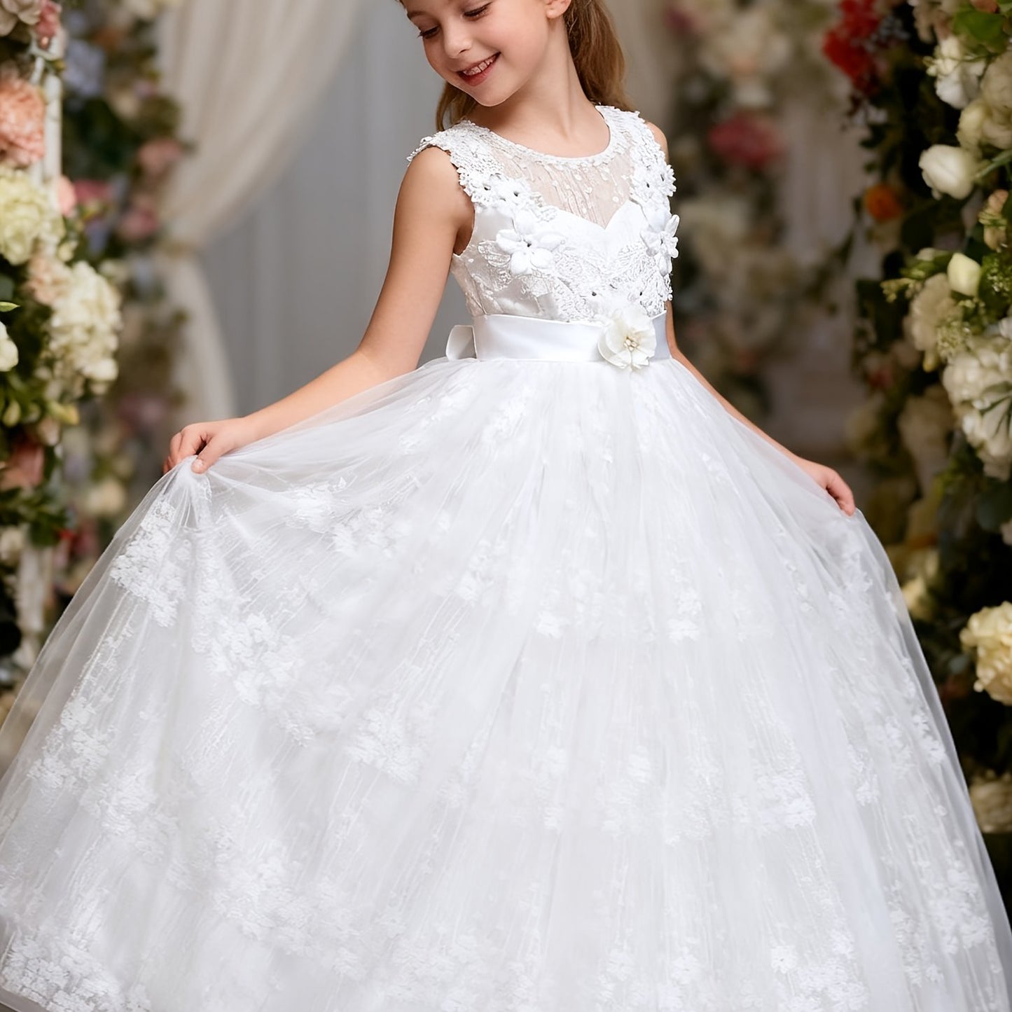 Girls Princess Gown Sleeveless 3D Lace Embroidery Maxi Dress