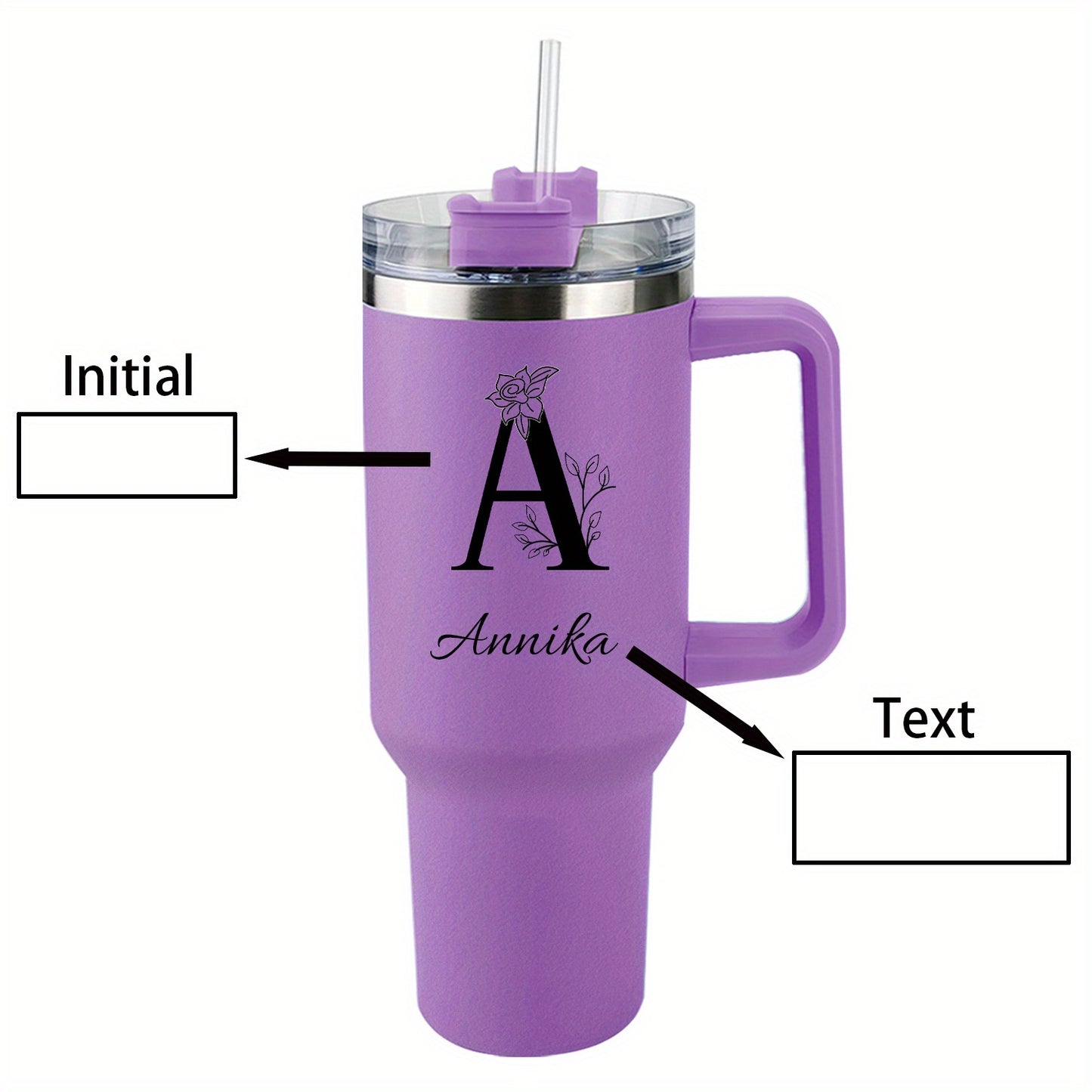 [Personalized Thermos Cup] 40oz Customized Name Thermos Cup | Double Wall Stainless Steel Handle Insulated Coffee Cup, Large Capacity with Lid And Straw, Personalized Gift with First Letter Flower Design, Travel And Office Cu