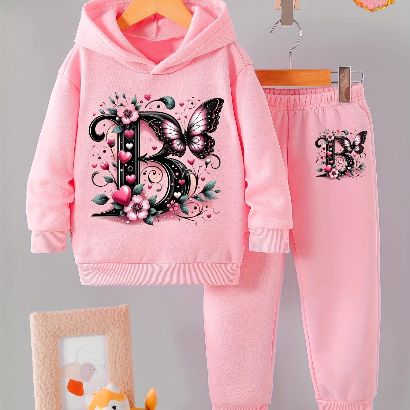 Toddler Girl Love Bear Print Hoodie Set, Autumn/ Winter, for Outdoor