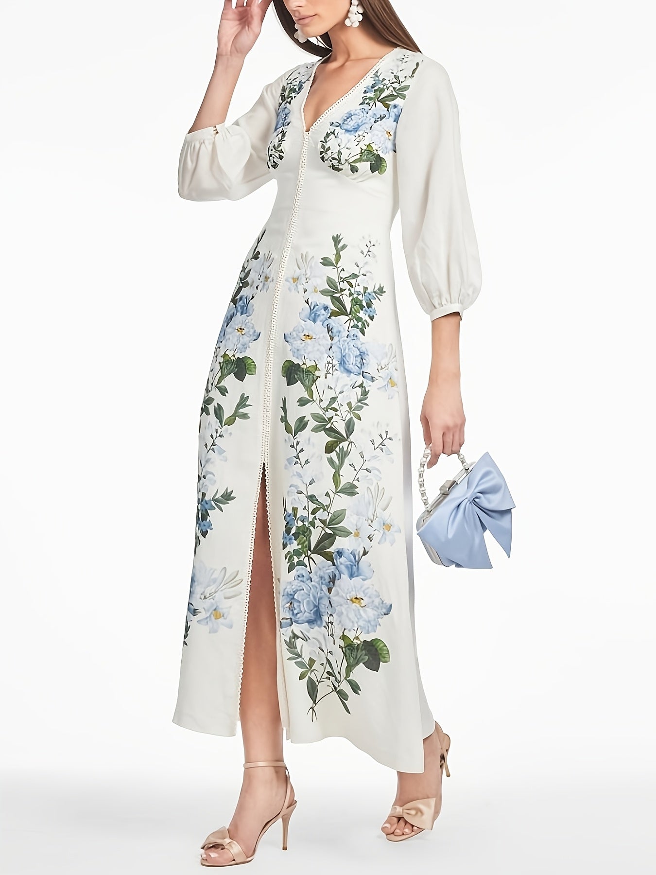 Women's V-neck Floral Print Lantern Sleeve Dress with Slit And Fitted Waist, Stylish And Elegant Midi Dress Suitable for Both Work And Parties.
