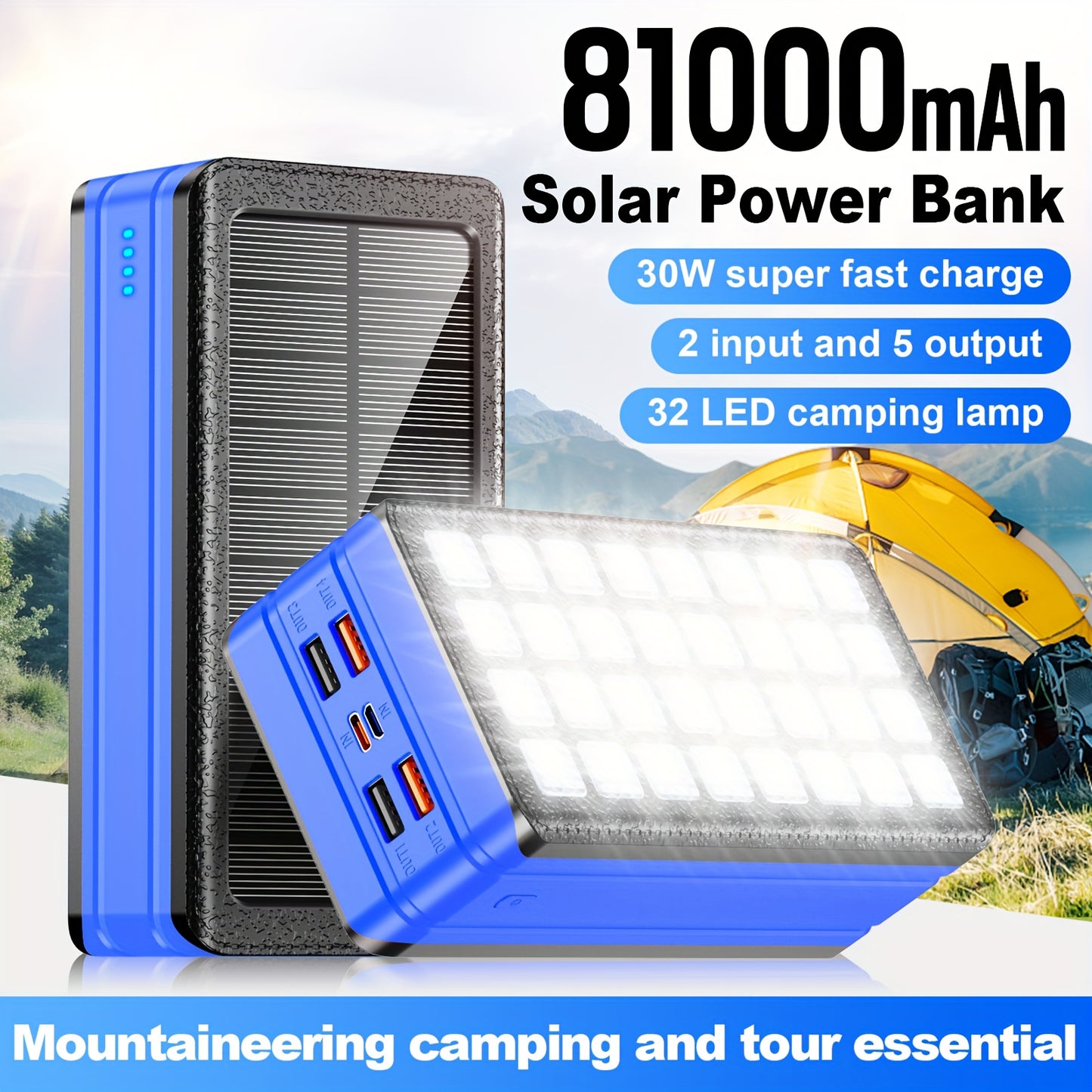 81000mAh Solar Power Bank With 32 LED Flashlight And Solar Charging 30W Fast Charger For Camping And Outdoor Survival