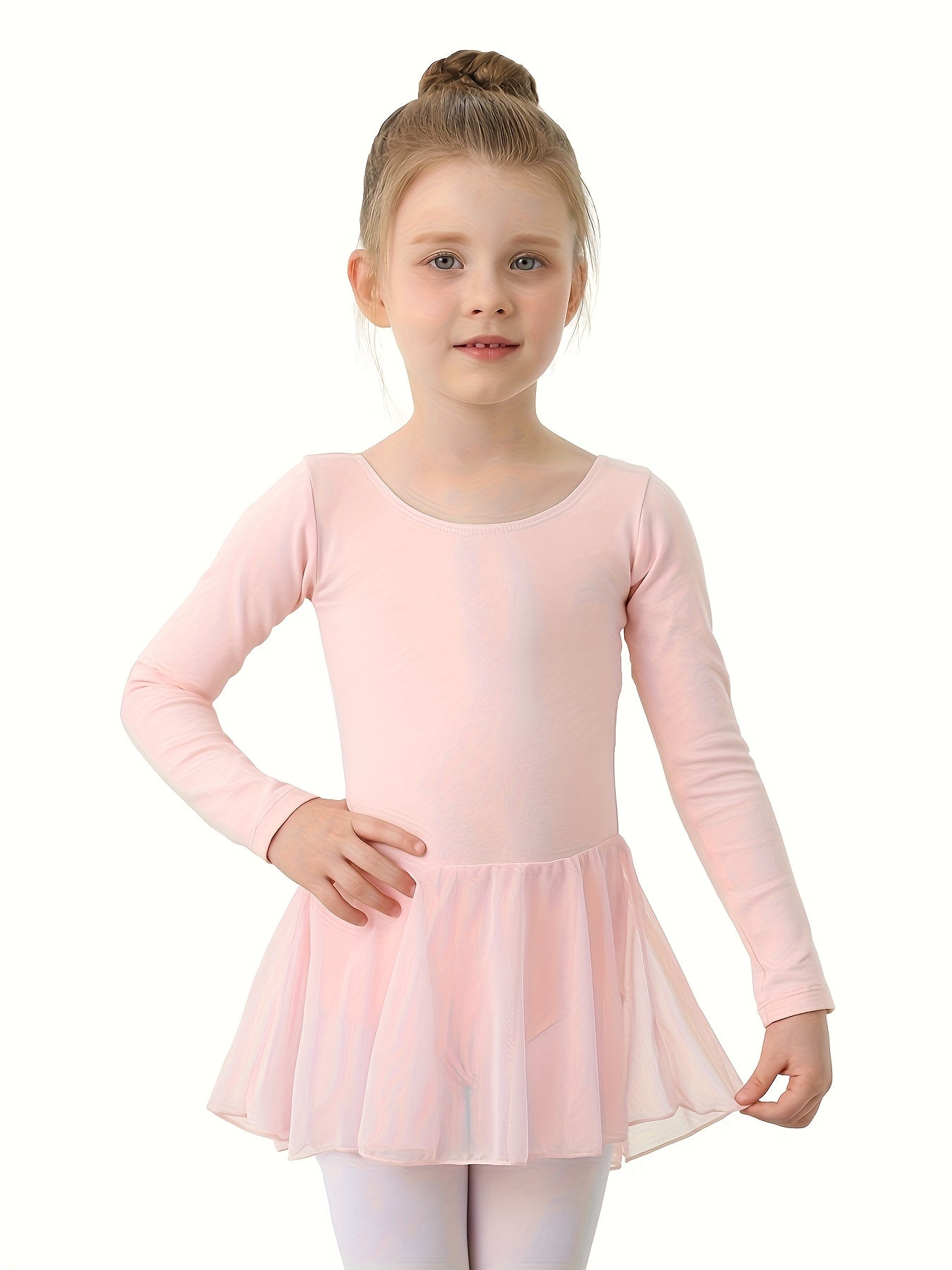 Christmas Gift Girls' Dance Dress - Long Sleeve Basic One-Piece Mesh Dress With High-Low Hem, Kids' Ballet Leotard Training Wear For Dance, Sports, Outdoor