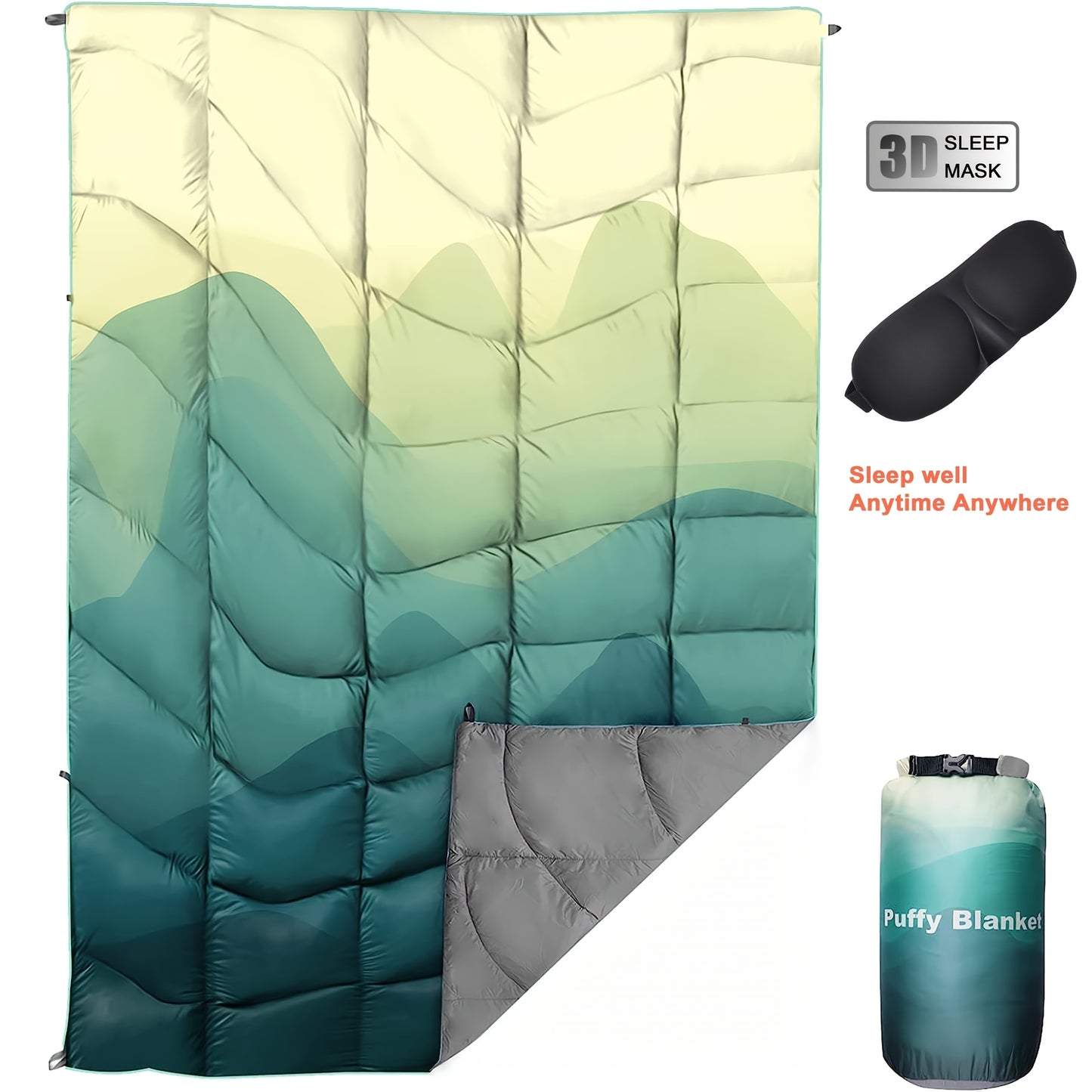 Ultra-Lightweight High Quality & Windproof Puffy Camping Blanket - All-Season Down Alternative Insulation, Portable Compact Travel Blanket with Carry Case, Fill for Camping, Hiking, Beach, Picnic, Indoor/Outdoor Use - Machine