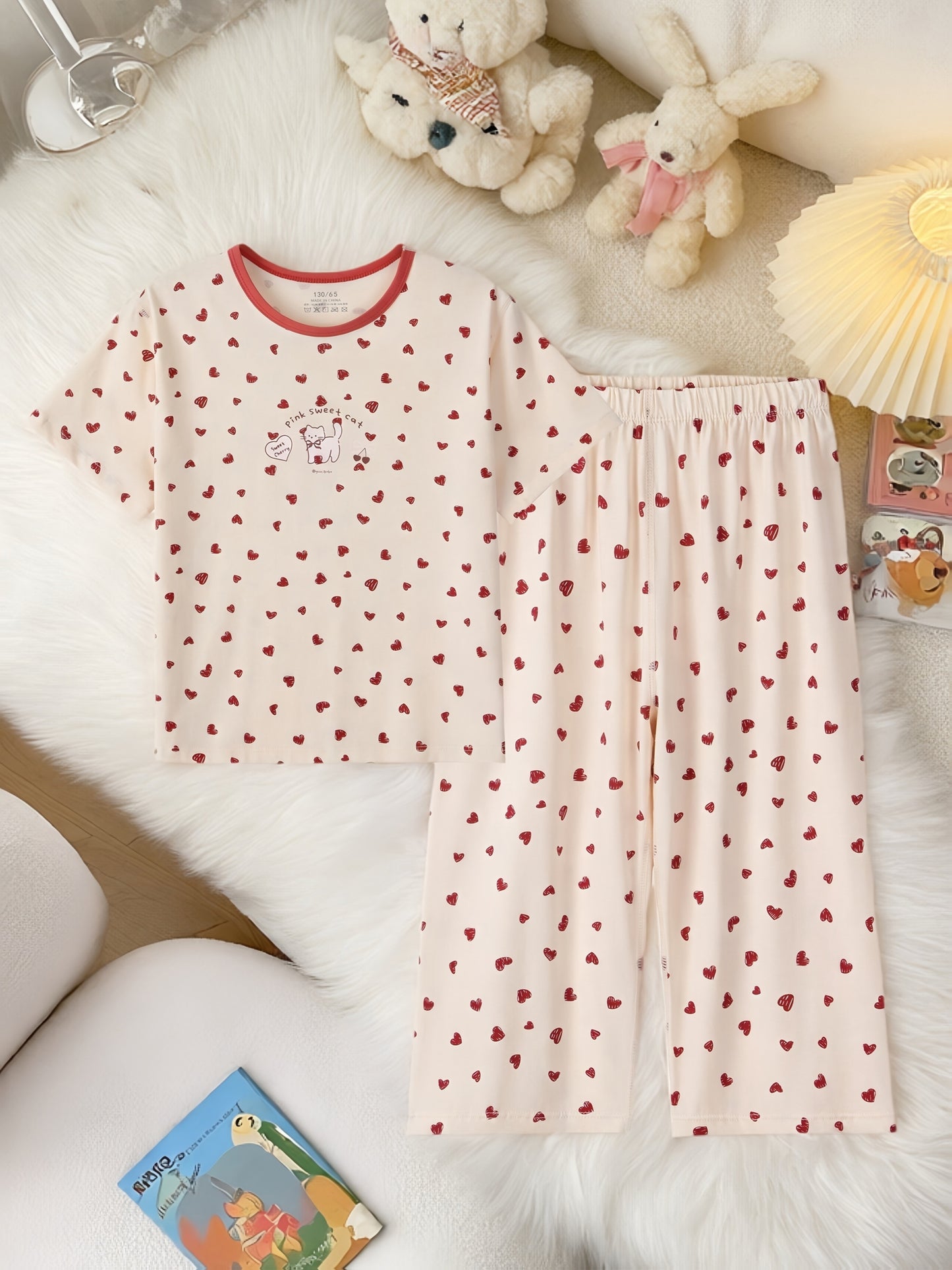 2pc Cute Kitten And Heart Print Pajamas Set For Girls Short Sleeve Sleepwear With Matching Pants Machine Washable
