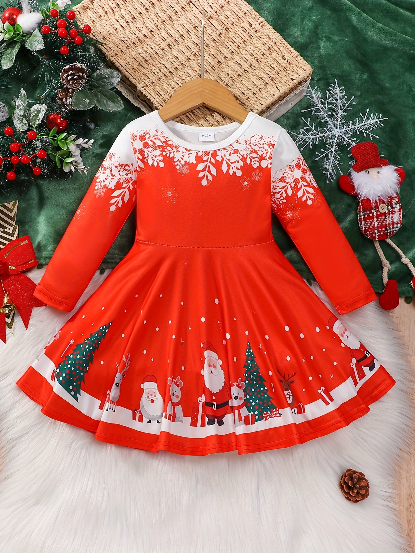 Toddler Girls Christmas Long Sleeve Dress With Snowman Reindeer Pattern