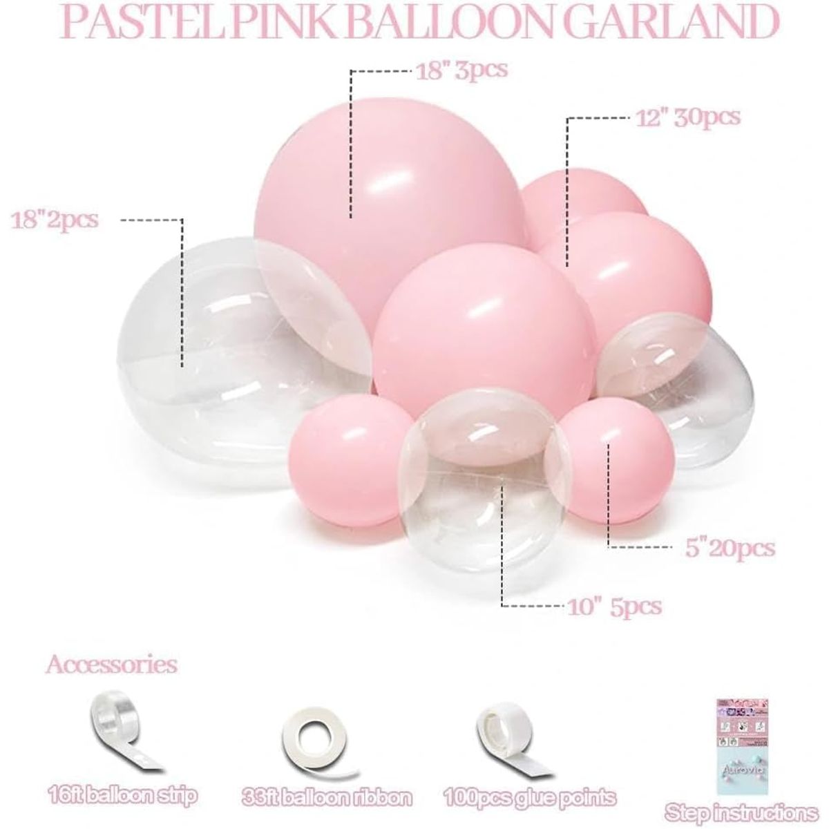 Pastel Pink Balloons Double Stuffed Pink Balloons Different Sizes Clear Bobo Balloon Garland Arch Kit 18/12/5 Inch for Birthday Shower Wedding Gender Reveal Party Decorations, Birthday Balloons Decoration Set, Balloon Garland