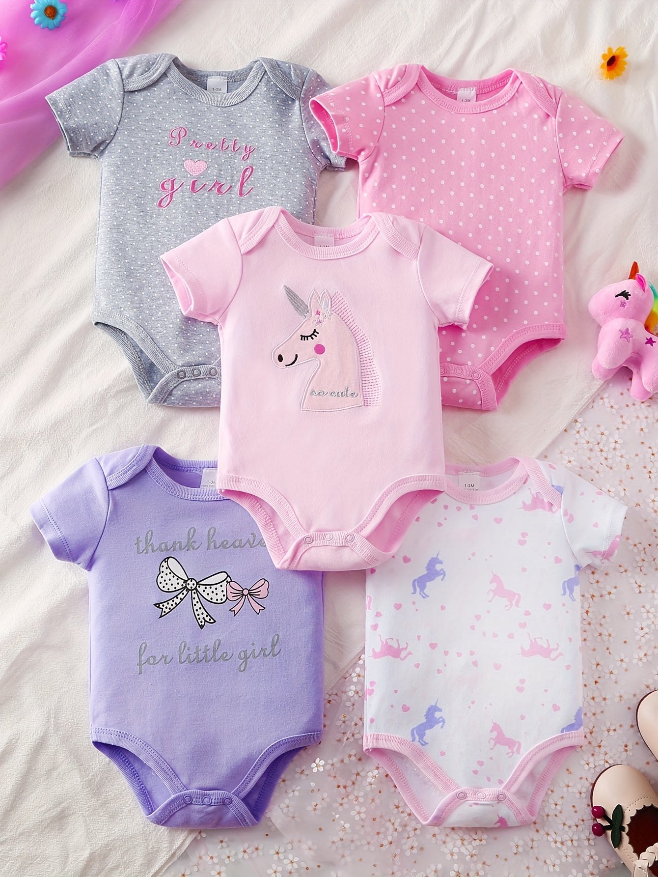 5 Piece Set Baby Girl Cartoon Triangle Onesie Crawling Suit All Season Cotton Machine Washable Cute Outdoor Wear