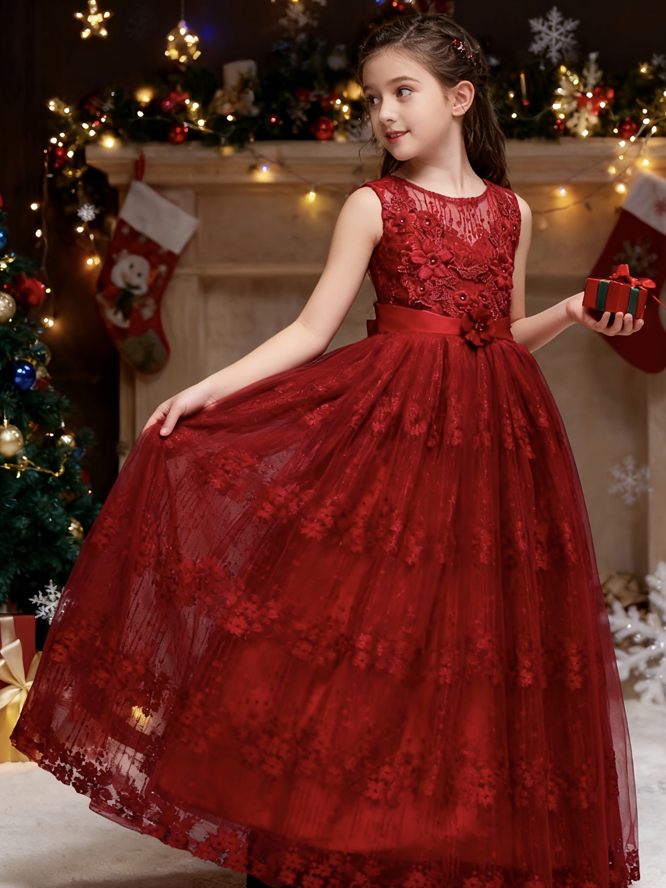 Girls Princess Gown Sleeveless 3D Lace Embroidery Maxi Dress