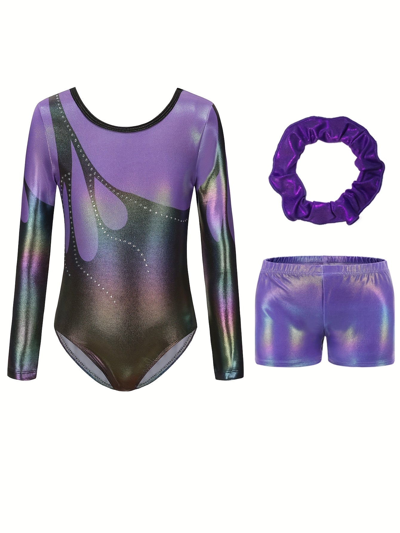 Girls' Long Sleeve Gymnastics Bodysuit - Gradient Purple to Blue Design, Breathable Stretchy Fabric, Slim Fit with Pockets for Sports, Parties & Casual Wear, All-Season Versatile Outfit, Party Attire, Sleek Sportswear, Ombre