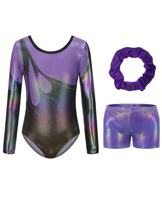Girls' Long Sleeve Gymnastics Bodysuit - Gradient Purple to Blue Design, Breathable Stretchy Fabric, Slim Fit with Pockets for Sports, Parties & Casual Wear, All-Season Versatile Outfit, Party Attire, Sleek Sportswear, Ombre