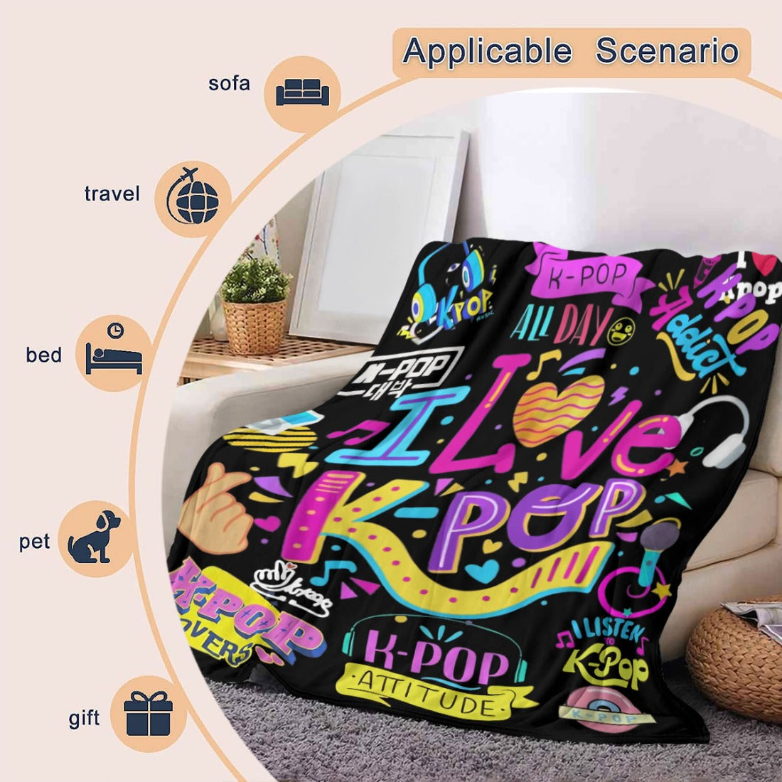 Kpop Digital Print Gift Blanket for Girls - Soft Flannel Throw with Vibrant K-Pop Design, Perfect for Birthdays, Halloween, Christmas - Ideal for Bed, Sofa, Chair, Living Room, Travel - All-Season Use, Kpop Blanket, Best for
