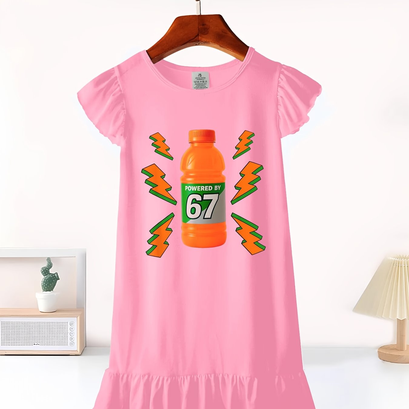 Girls Midi Cotton Dress With Flutter Sleeves Number Theme Applique Gen Alpha Logo Round Neck Machine Washable