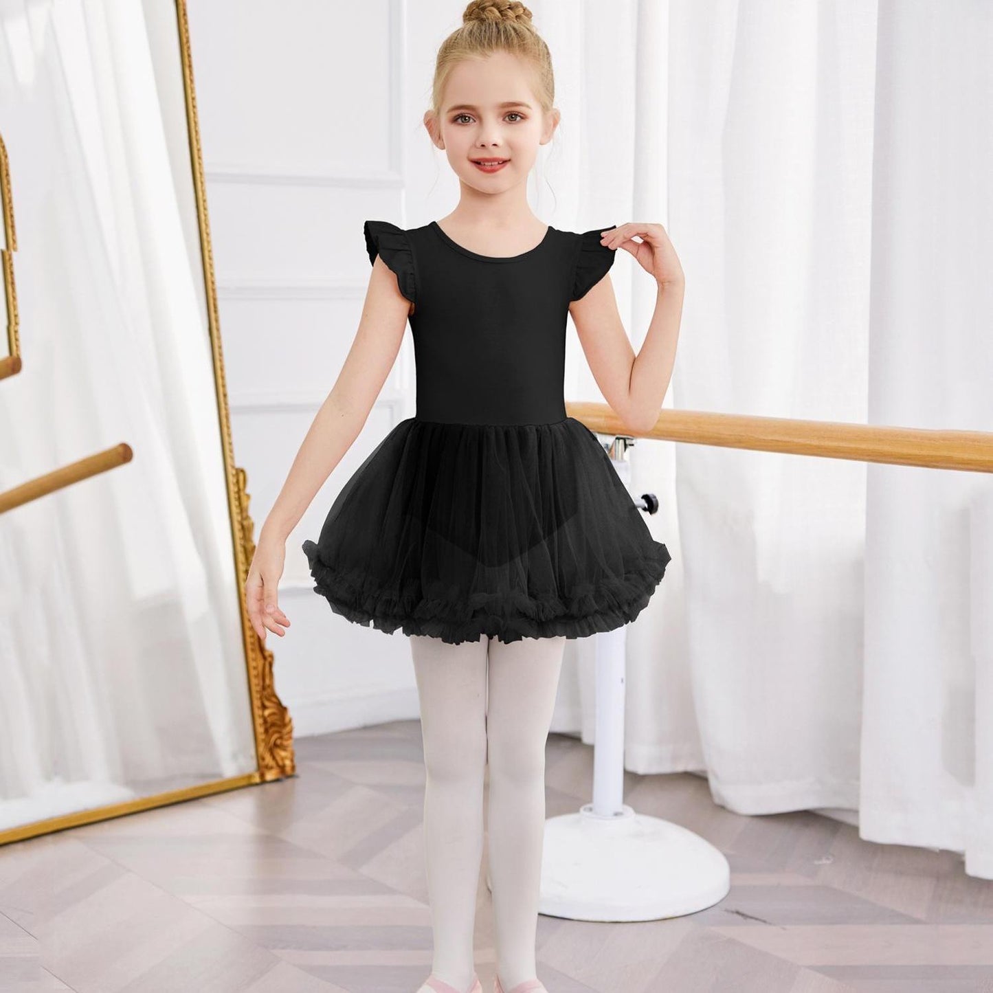 Girls' Ballet Tutu Dance Dress with Cross-Back Design & Ruffled Sleeves - White A-Line Leotard for Ballet, Gymnastics, Recitals - All-Season Comfort, Round Neck, Solid Color, Ballet Dress, Gymnastics Attire, Elegant Dancewear