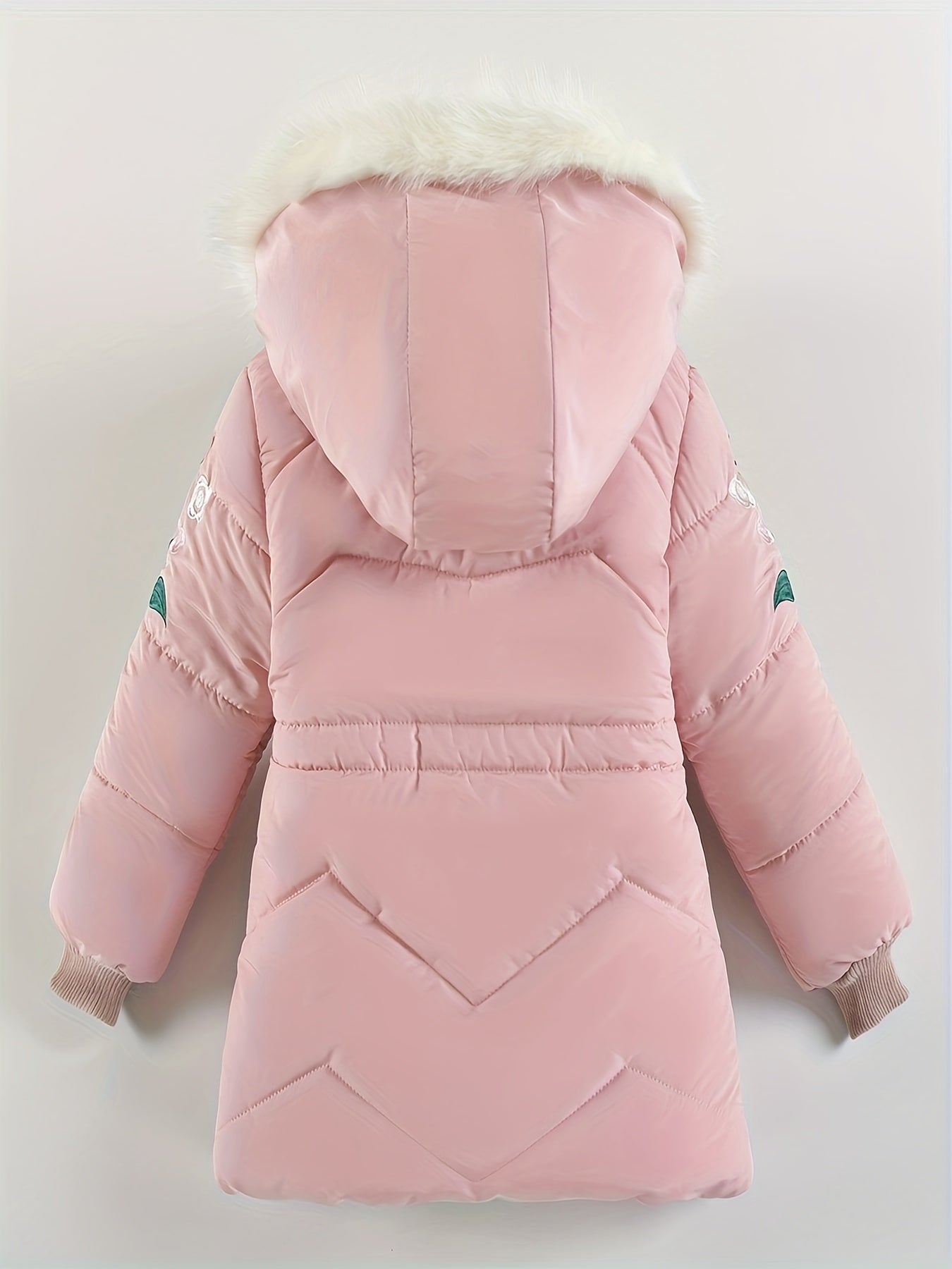 [Pink Winter Parka] Winter Pink Girls' Parka | Thickened Warm Jacket with Faux Fur Hood, Zip-Up Outerwear, Polyester, Machine Washable, 3-7Y, Cozy Youngsters Outerwear, Floral Winter Coat, Plush Lined Comfort