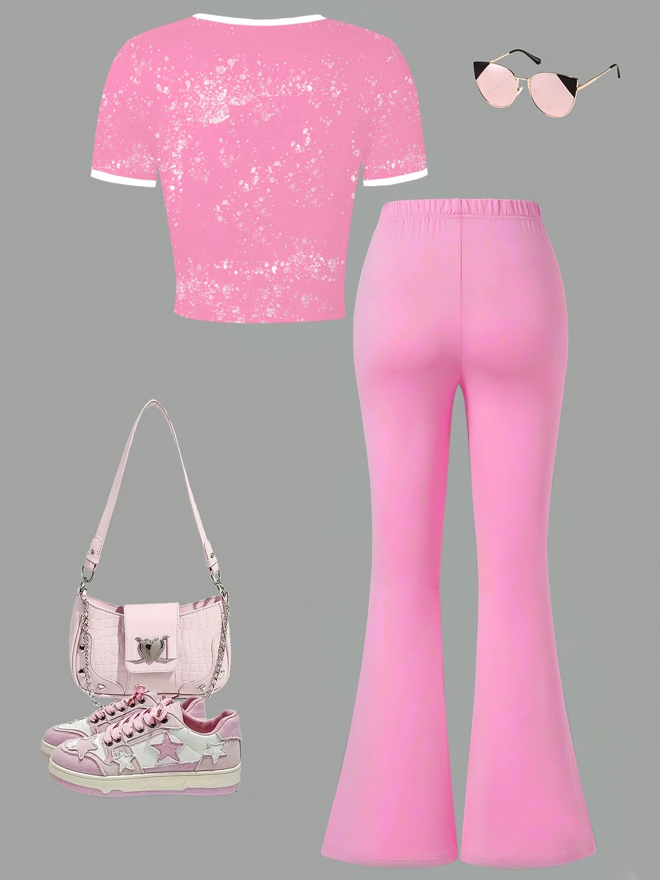 Girls Cartoon Print T Shirt And Slim Flared Pants Set
