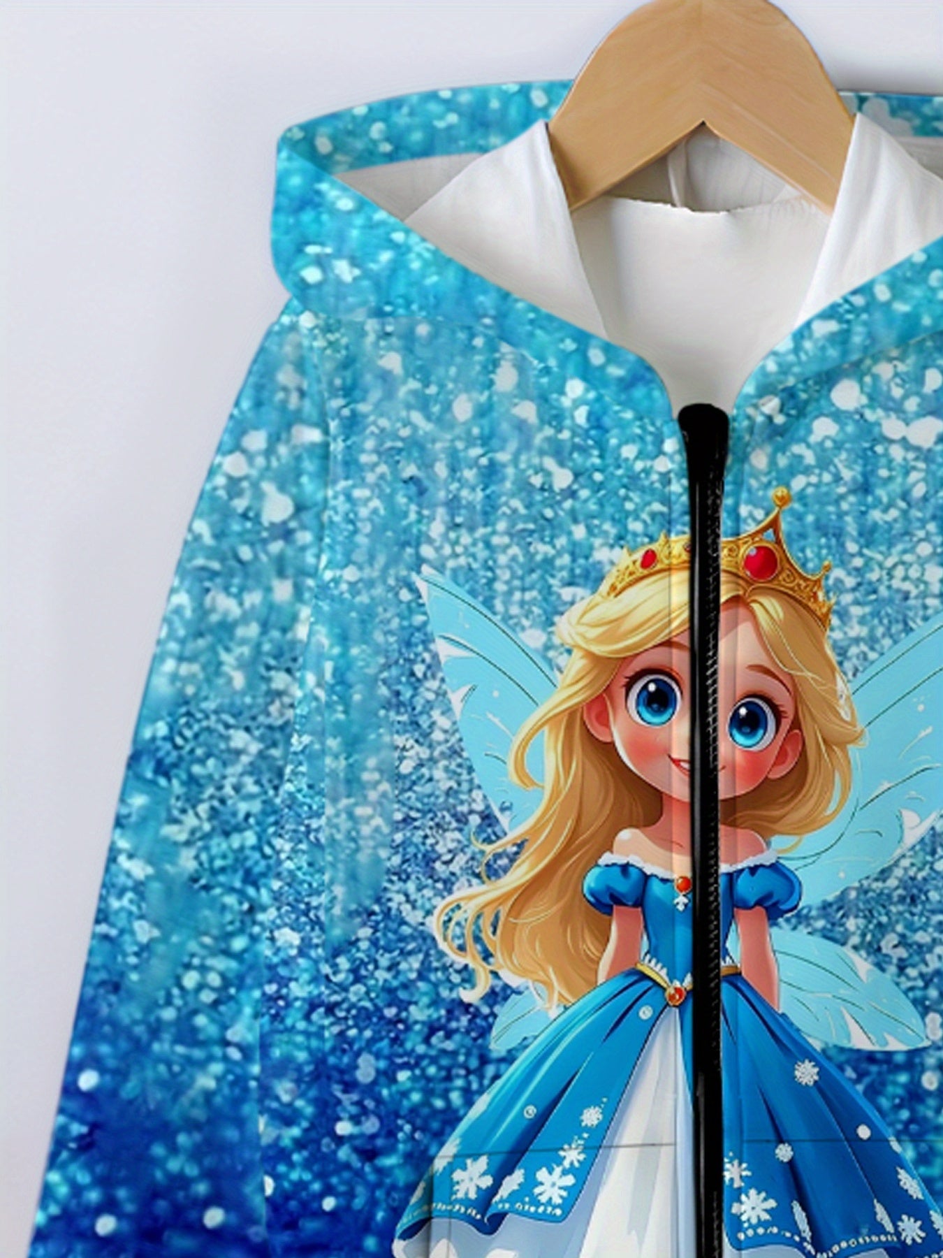 Sparkling Ice Princess Glitter Hooded Jacket With Snowflake Print Full Zip Winter Coat For Girls Long Sleeve