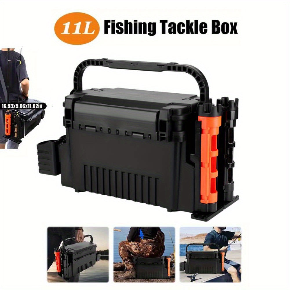 Two-Level Fishing Equipment Storage Box with Rod Support And Cup - 2.91 Gallon Spacious Fishing Gear Transport Case, Storage for Rods, Reels, And Accessories (Portable And Comprehensive)