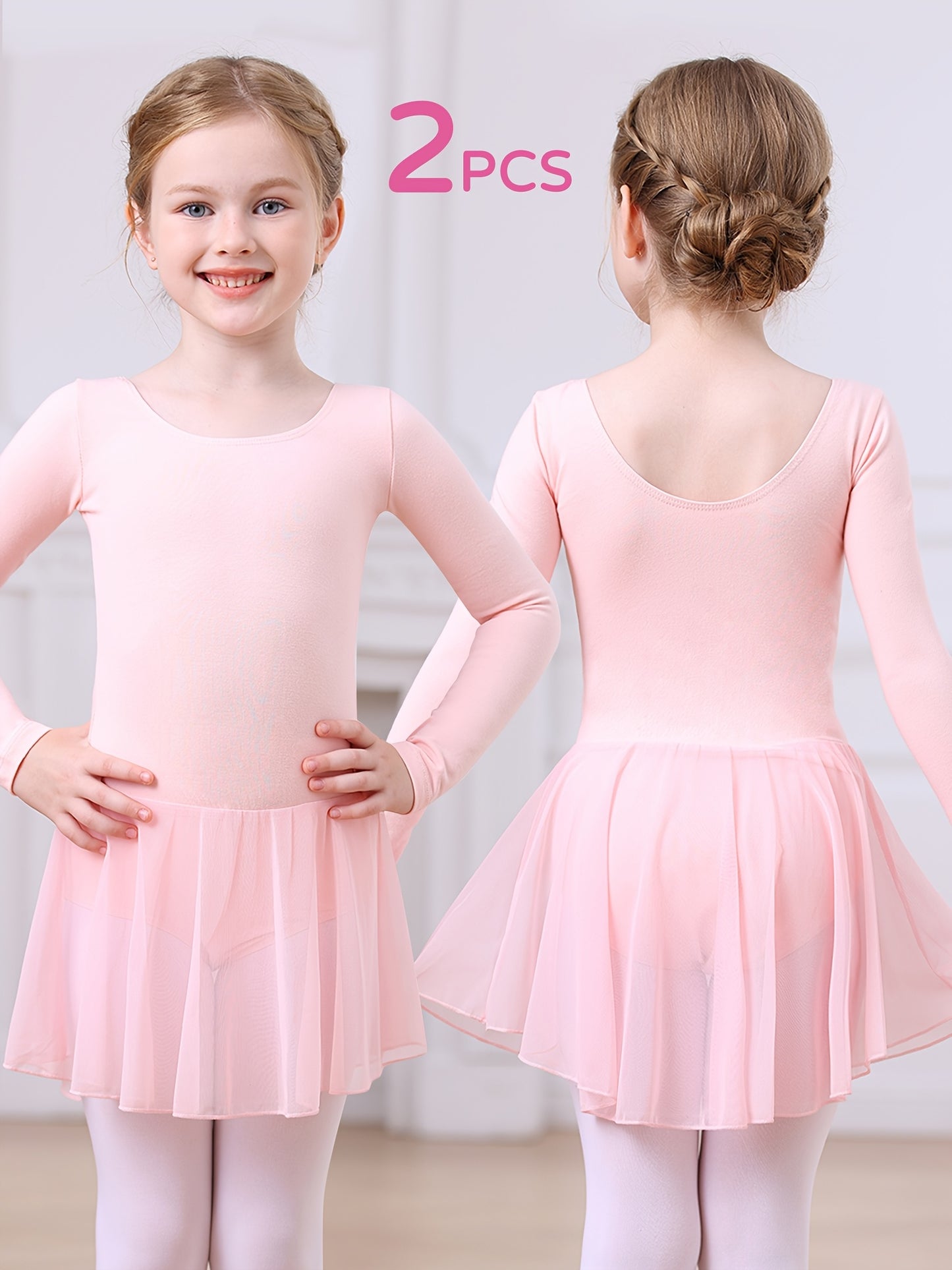 Christmas Girls 2pcs Long Sleeve Bodysuit & Tulle Skirt Set - Ballet Leotard Outfit