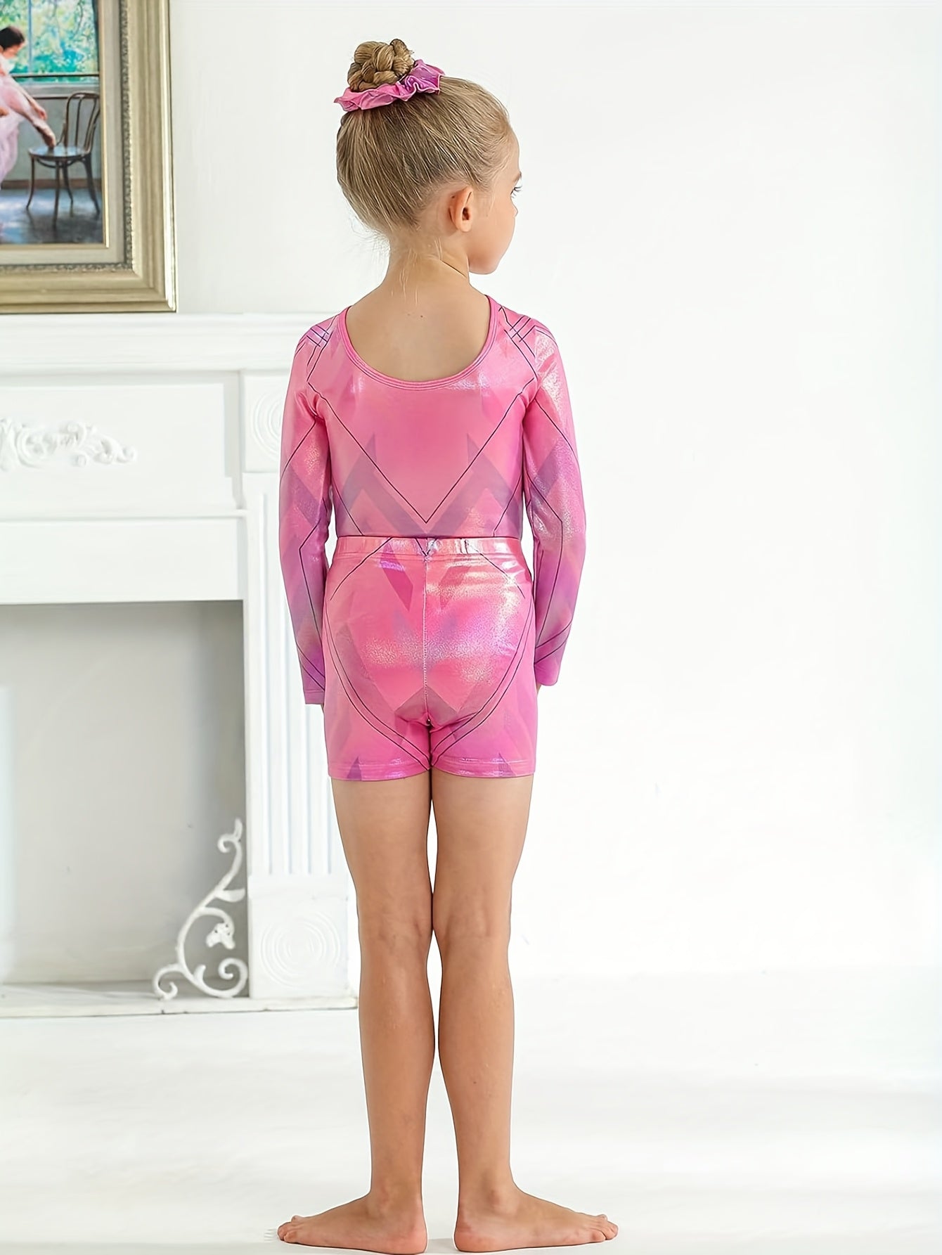 Girls' Long Sleeve Gymnastics Bodysuit with Geometric Pattern - Breathable, Washable, Stretchy Workout Outfit for Christmas, Football Parties & Sports Events, Christmas Sports Attire, Sleek Sporty Design, Stretchy Fabric